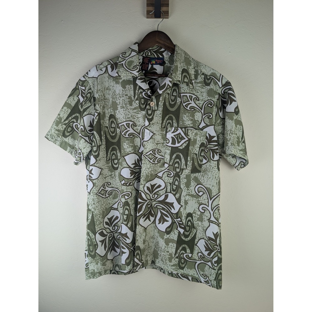 Roundy Bay Mens Medium Green Floral Tribal Hibiscus Aloha Camp Shirt RN104283